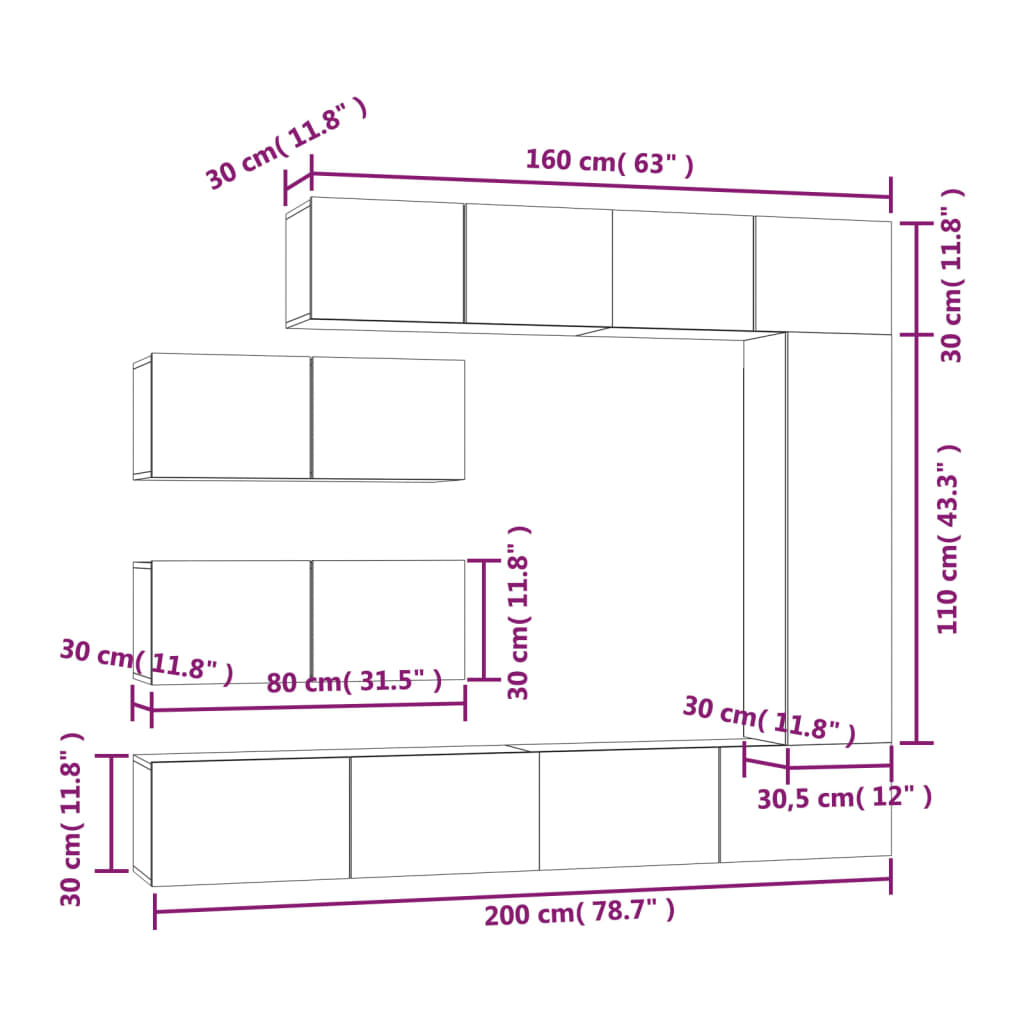 Conjunto móveis de TV 7 pcs madeira processada cinzento cimento