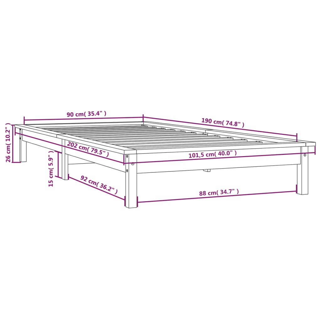 Estrutura de cama de solteiro 90x190 cm pinho maciço