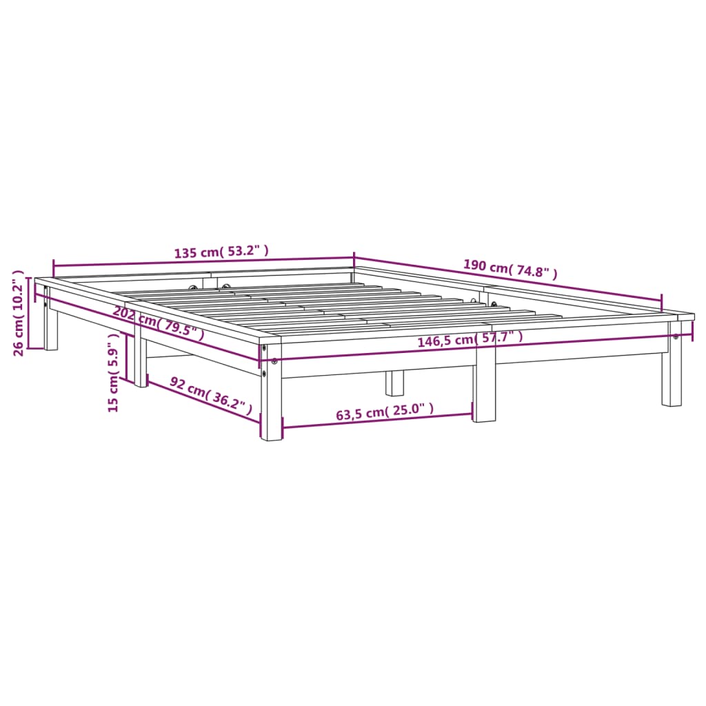 Estrutura de cama de casal 135x190 cm pinho maciço