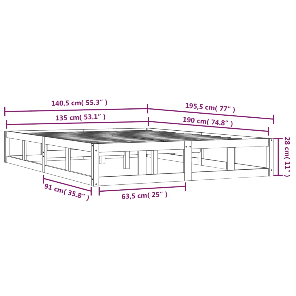 Estrutura de cama casal 135x190 cm madeira maciça branco