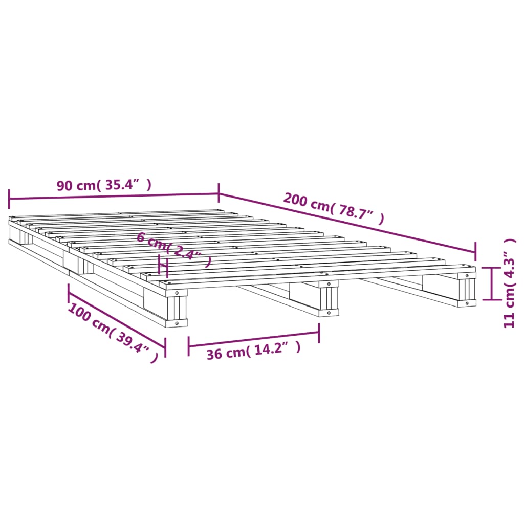 Cama de paletes pinho maciço 90x200 cm cinzento