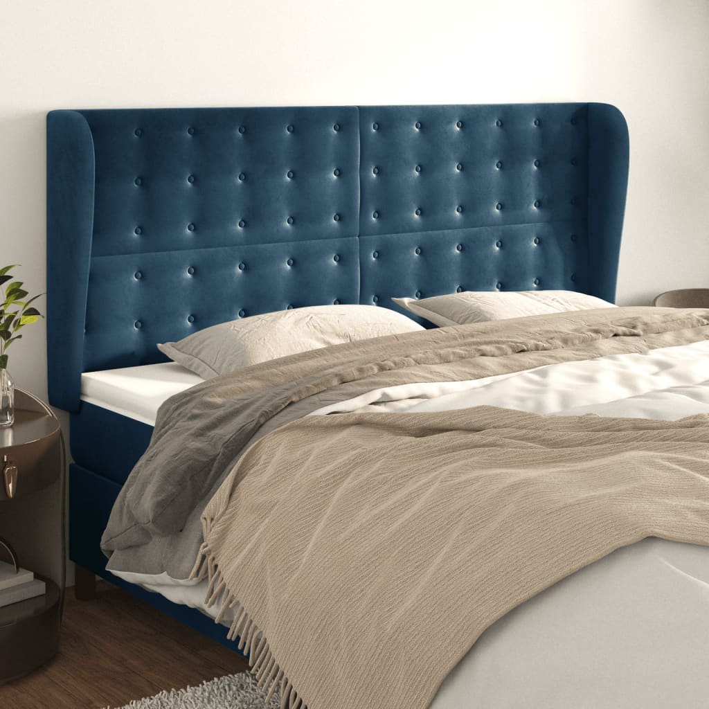 Cabeceira cama c/ abas veludo 183x23x118/128 cm azul-escuro