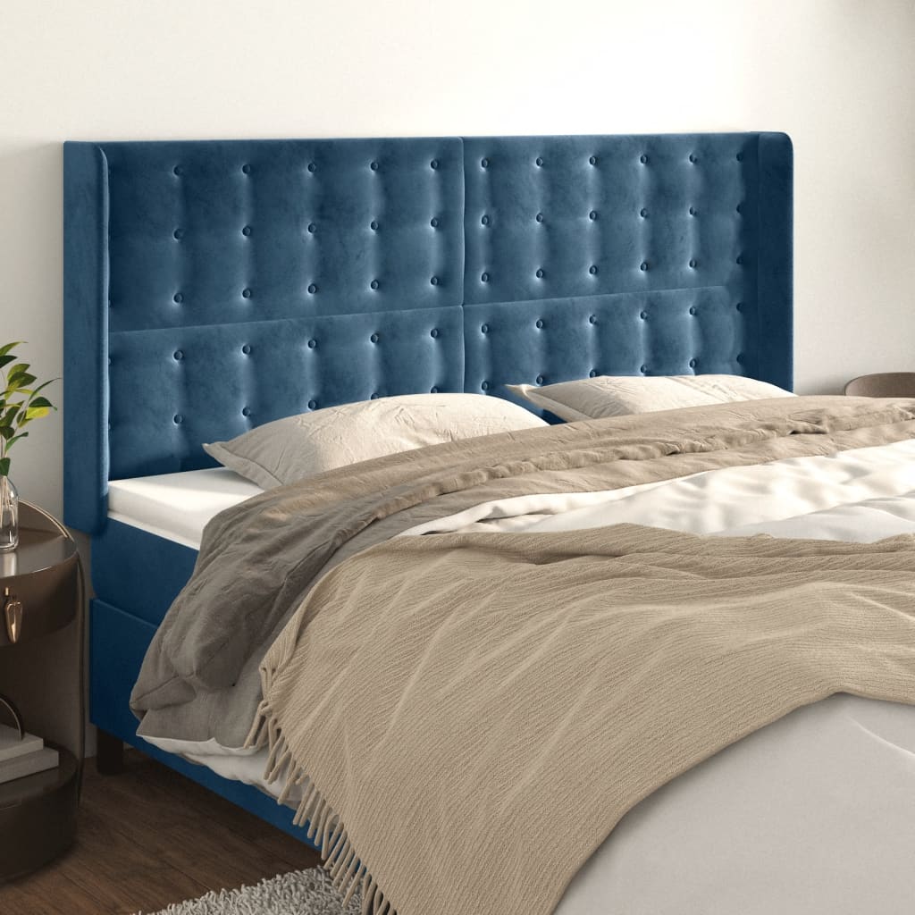 Cabeceira cama c/ abas veludo 183x16x118/128 cm azul-escuro