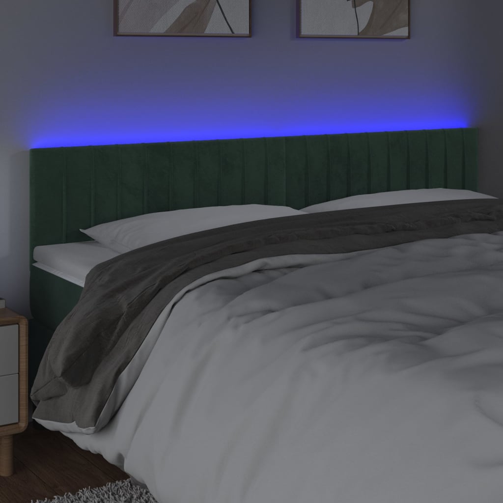 Cabeceira de cama c/luzes LED veludo 160x5x78/88cm verde-escuro