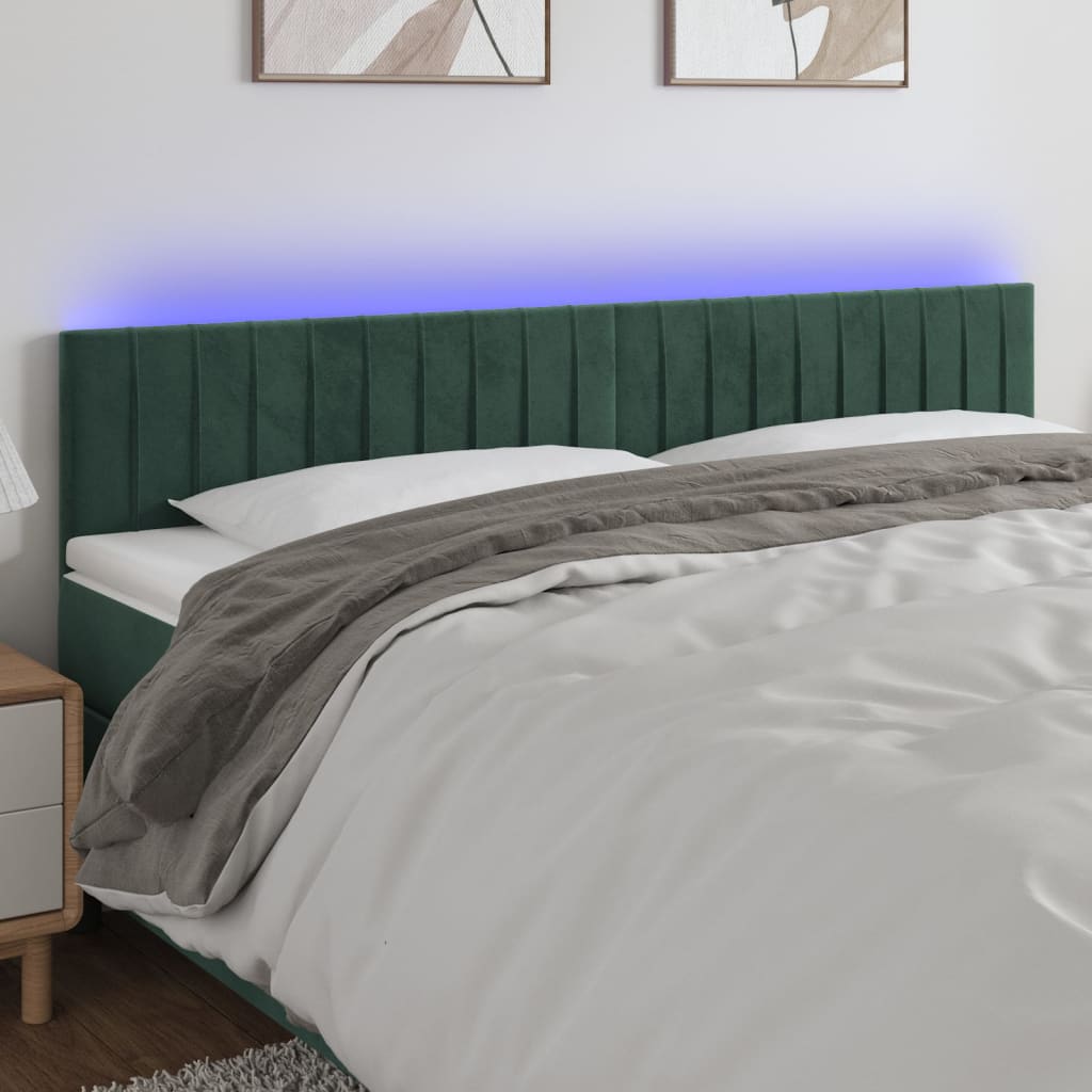 Cabeceira de cama c/luzes LED veludo 160x5x78/88cm verde-escuro