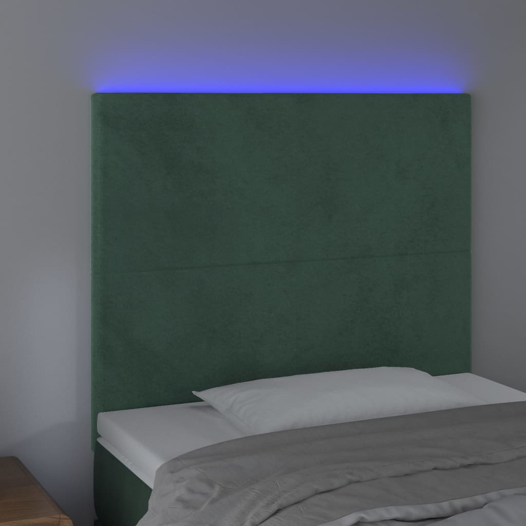 Cabeceira de cama c/ LED veludo 90x5x118/128 cm verde-escuro