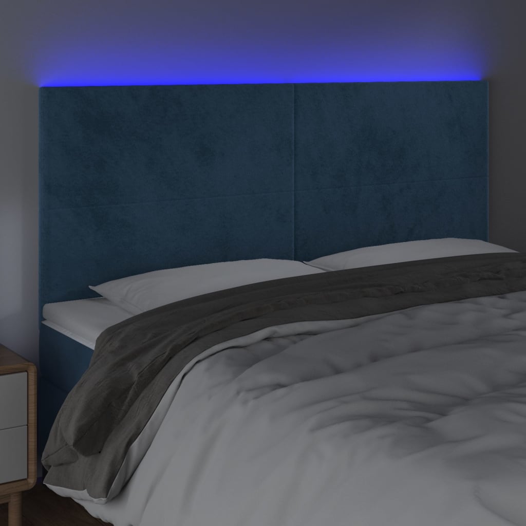 Cabeceira cama c/ luzes LED veludo 180x5x118/128cm azul-escuro