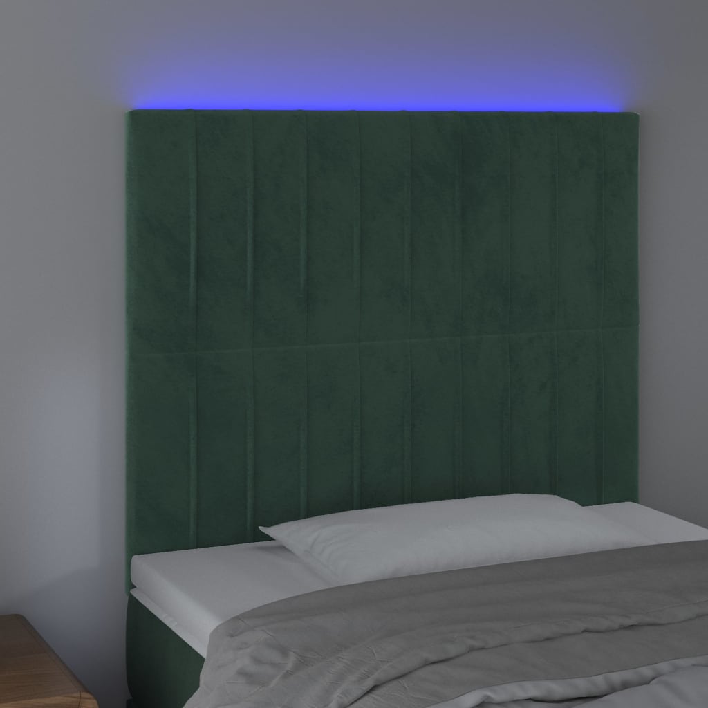 Cabeceira de cama c/ LED veludo 80x5x118/128 cm verde-escuro