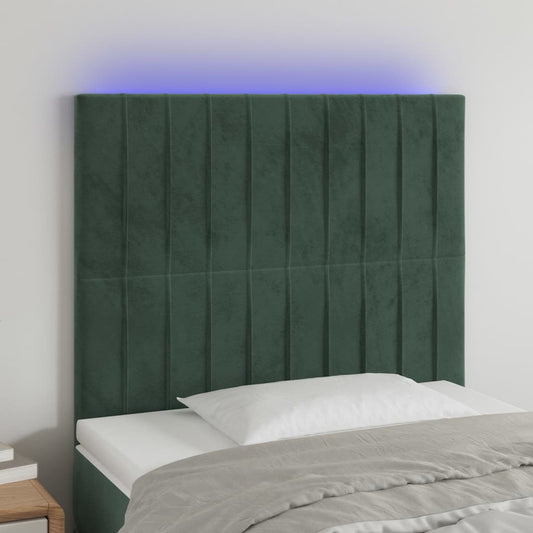 Cabeceira de cama c/ LED veludo 80x5x118/128 cm verde-escuro