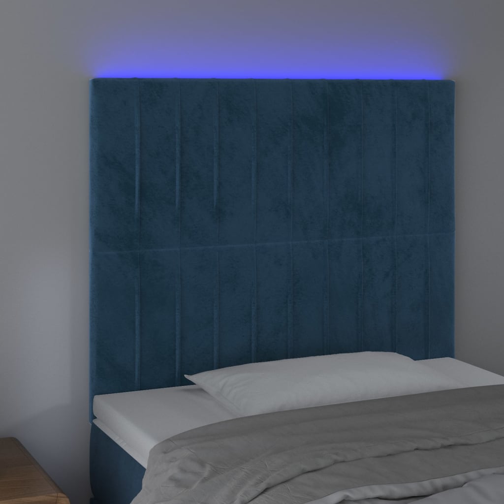 Cabeceira cama c/ luzes LED veludo 100x5x118/128cm azul-escuro