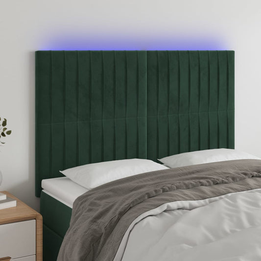 Cabeceira de cama c/ LED veludo 144x5x118/128 cm verde-escuro