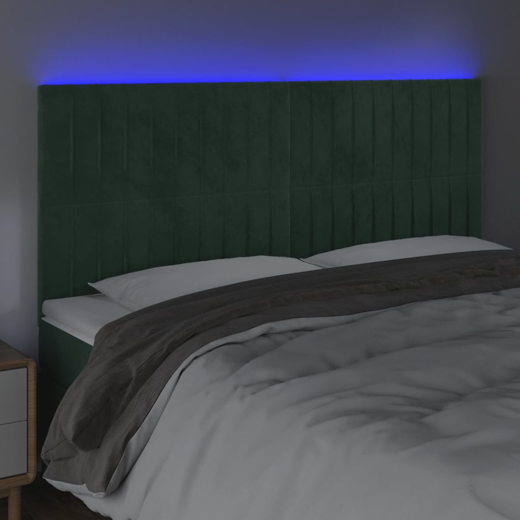 Cabeceira de cama c/ LED veludo 160x5x118/128 cm verde-escuro