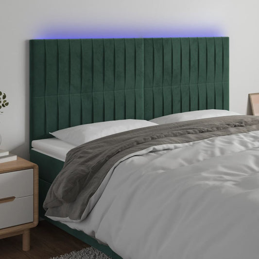 Cabeceira de cama c/ LED veludo 160x5x118/128 cm verde-escuro