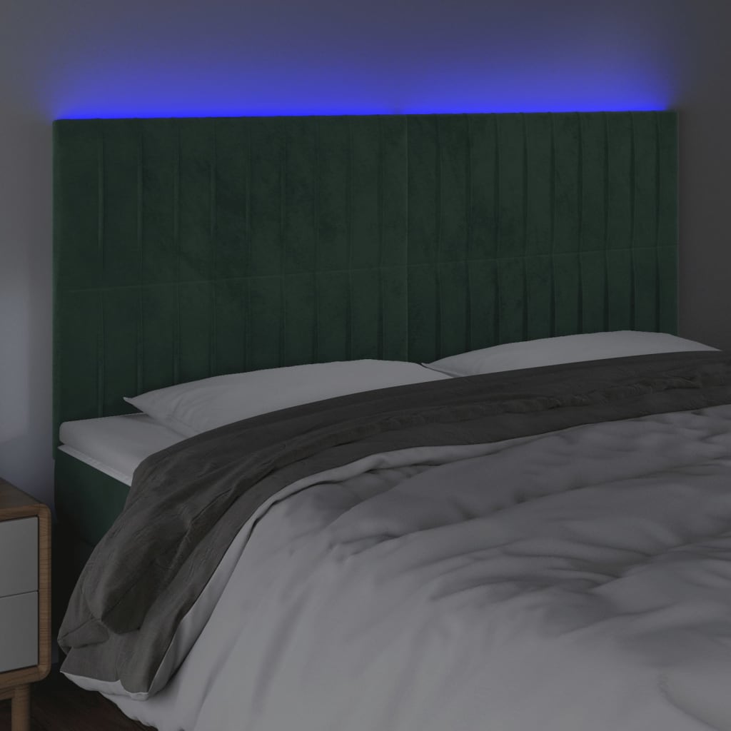 Cabeceira de cama c/ LED veludo 180x5x118/128 cm verde-escuro