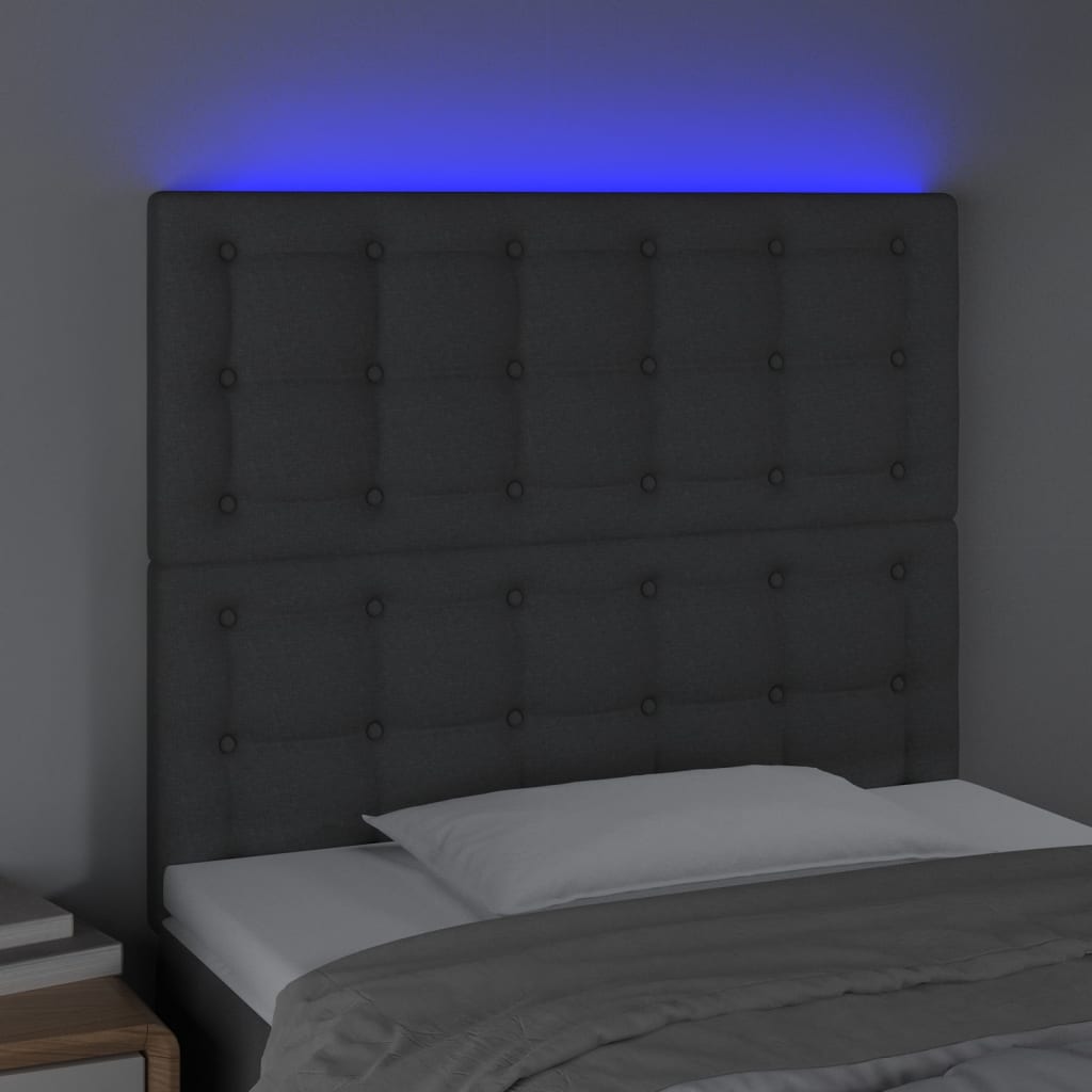 Cabeceira de cama c/ LED tecido 90x5x118/128 cm cinza-escuro