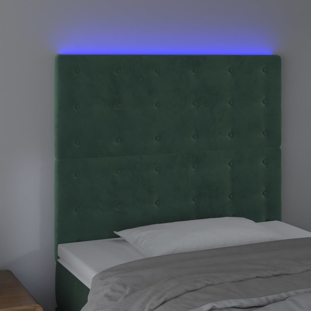 Cabeceira de cama c/ LED veludo 90x5x118/128 cm verde-escuro