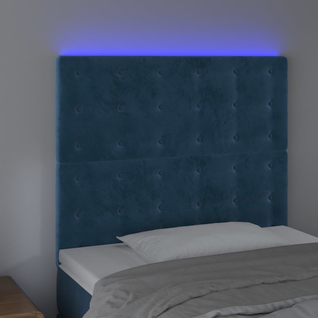 Cabeceira cama c/ luzes LED veludo 90x5x118/128cm azul-escuro