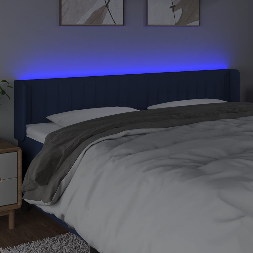 Cabeceira de cama c/ luzes LED tecido 183x16x78/88 cm azul