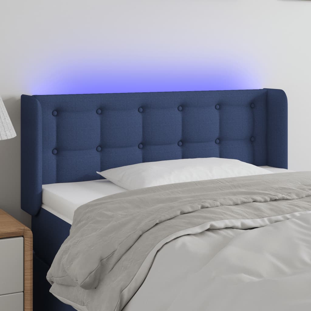 Cabeceira de cama c/ luzes LED tecido 93x16x78/88 cm azul