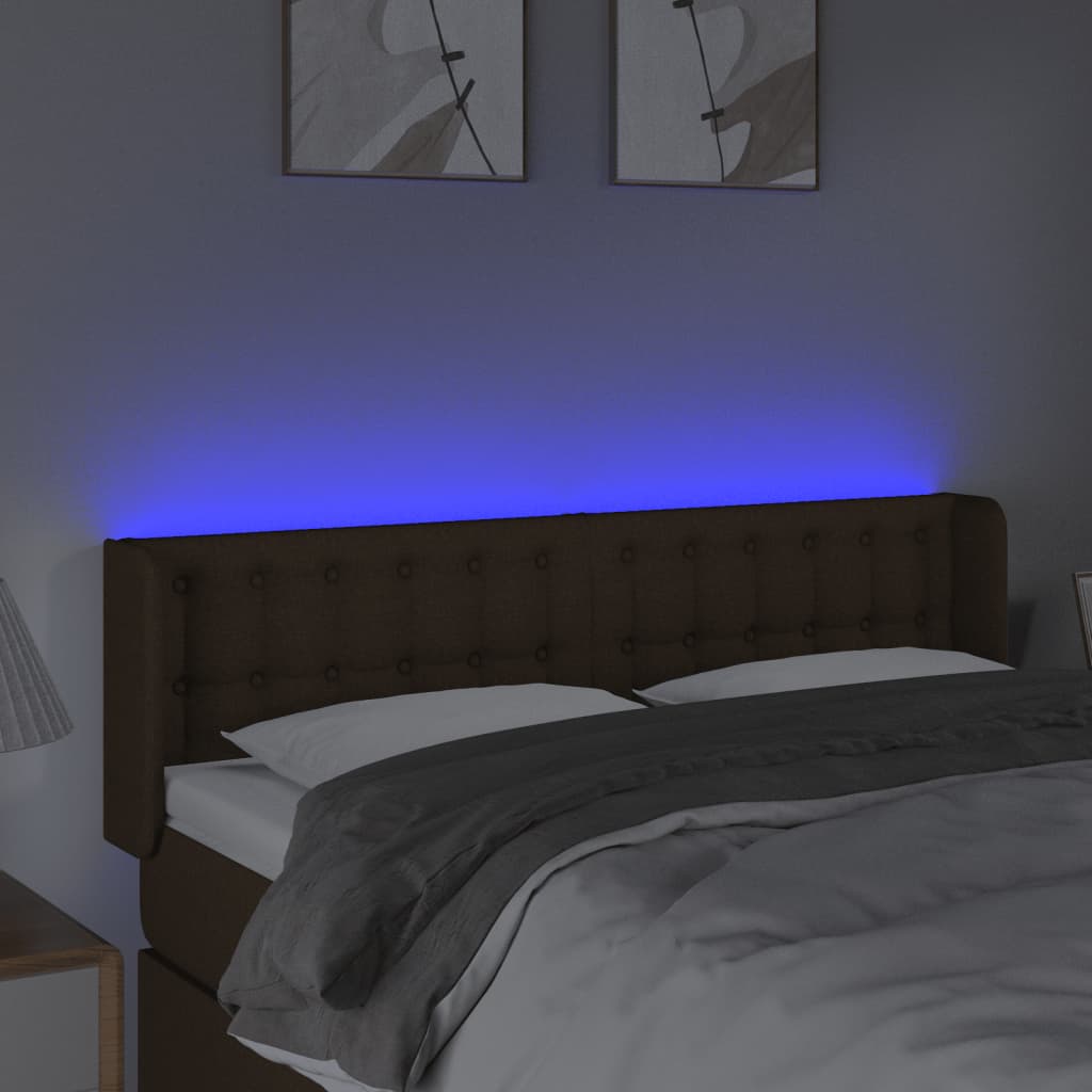 Cabeceira de cama c/ luzes LED tecido 147x16x78/88 cm castanho