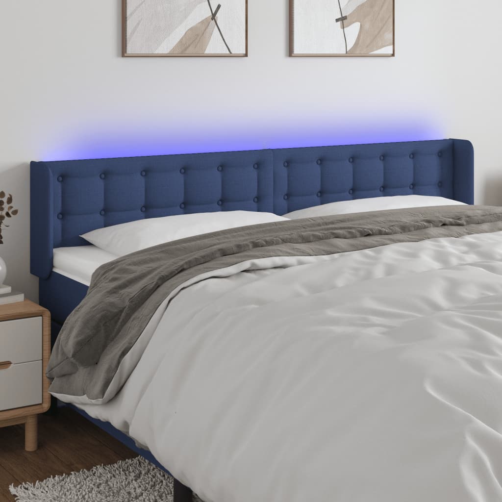 Cabeceira de cama c/ luzes LED tecido 163x16x78/88 cm azul