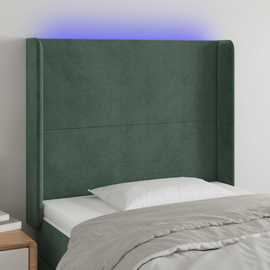 Cabeceira cama c/ luzes LED veludo 93x16x118/128cm verde-escuro