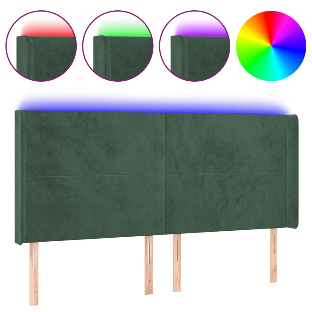 Cabeceira de cama c/ LED veludo 183x16x118/128 cm verde-escuro