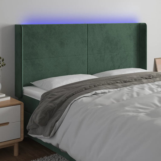 Cabeceira de cama c/ LED veludo 183x16x118/128 cm verde-escuro