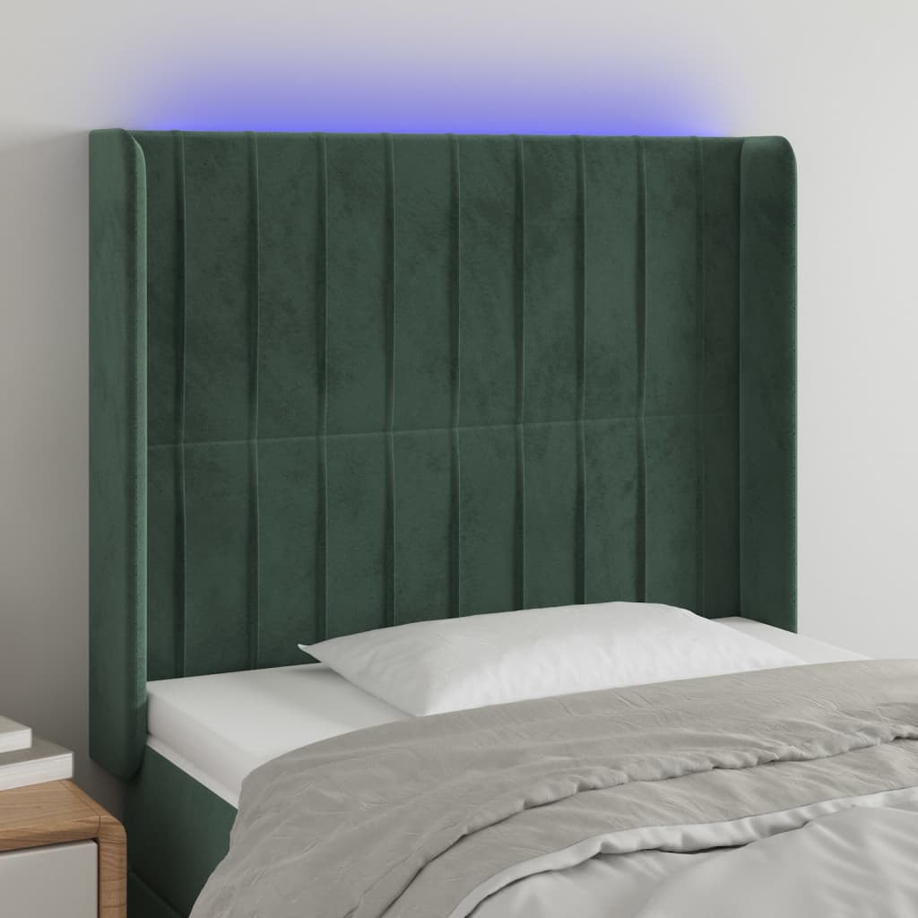 Cabeceira cama c/ luzes LED veludo 83x16x118/128cm verde-escuro