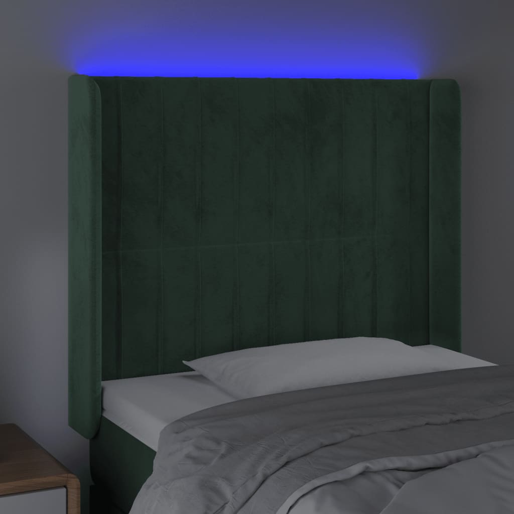 Cabeceira cama c/ luzes LED veludo 93x16x118/128cm verde-escuro