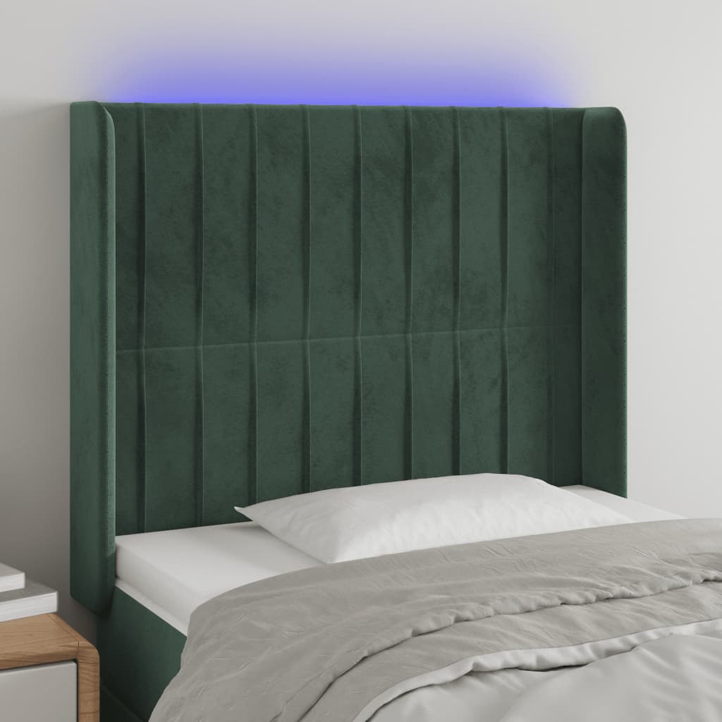 Cabeceira de cama c/ LED veludo 103x16x118/128 cm verde-escuro