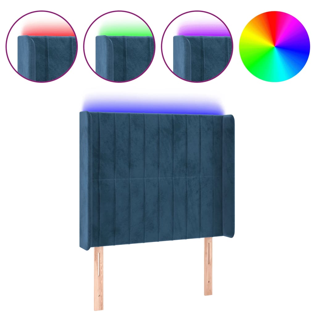 Cabeceira cama c/ luzes LED veludo 103x16x118/128cm azul-escuro