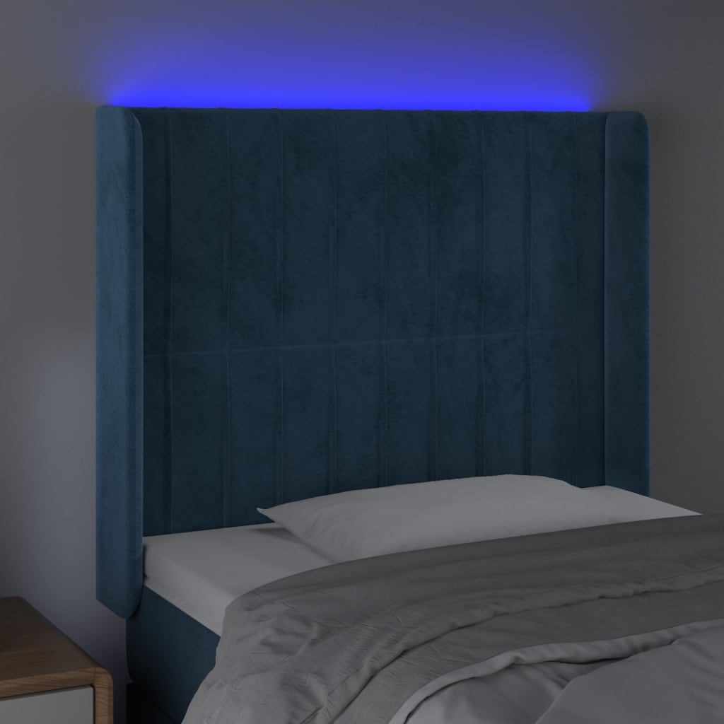 Cabeceira cama c/ luzes LED veludo 103x16x118/128cm azul-escuro