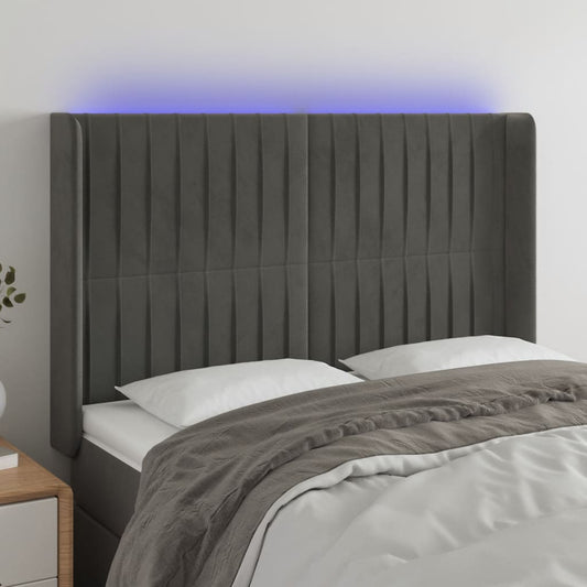 Cabeceira de cama c/ LED veludo 147x16x118/128 cm cinza-escuro