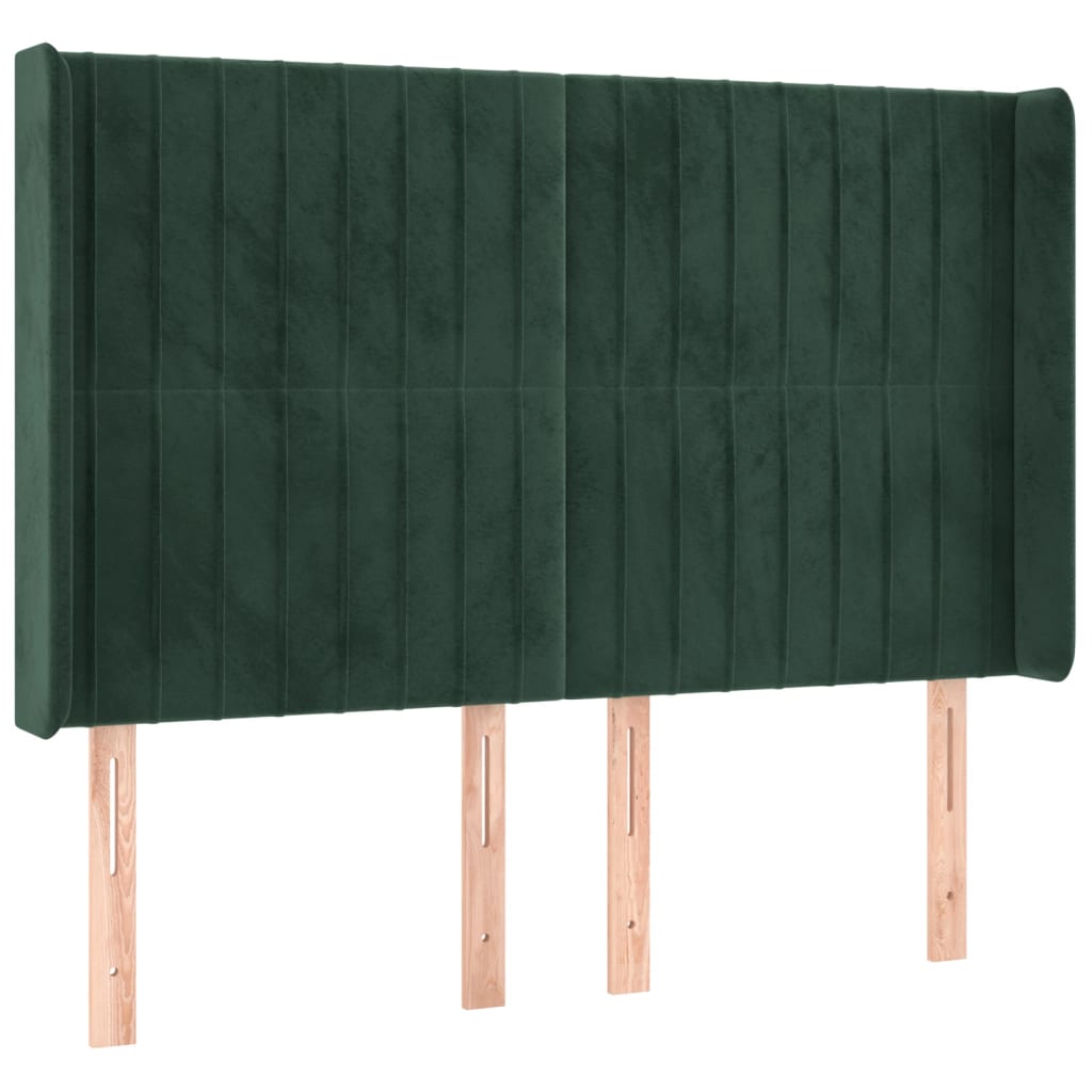 Cabeceira de cama c/ LED veludo 147x16x118/128 cm verde-escuro