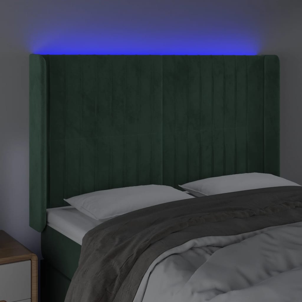 Cabeceira de cama c/ LED veludo 147x16x118/128 cm verde-escuro