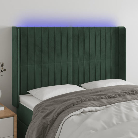 Cabeceira de cama c/ LED veludo 147x16x118/128 cm verde-escuro