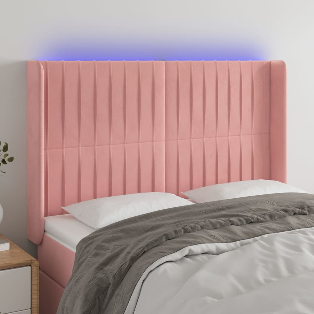 Cabeceira de cama c/ luzes LED veludo 147x16x118/128 cm rosa