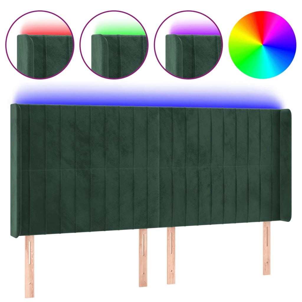 Cabeceira de cama c/ LED veludo 163x16x118/128 cm verde-escuro