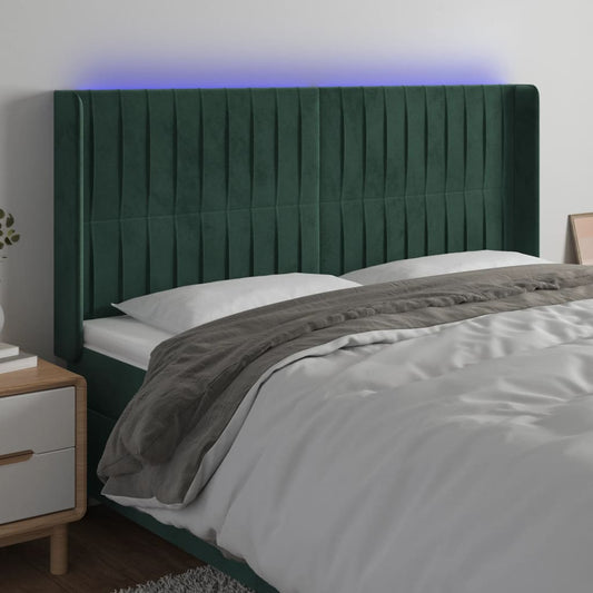 Cabeceira de cama c/ LED veludo 163x16x118/128 cm verde-escuro