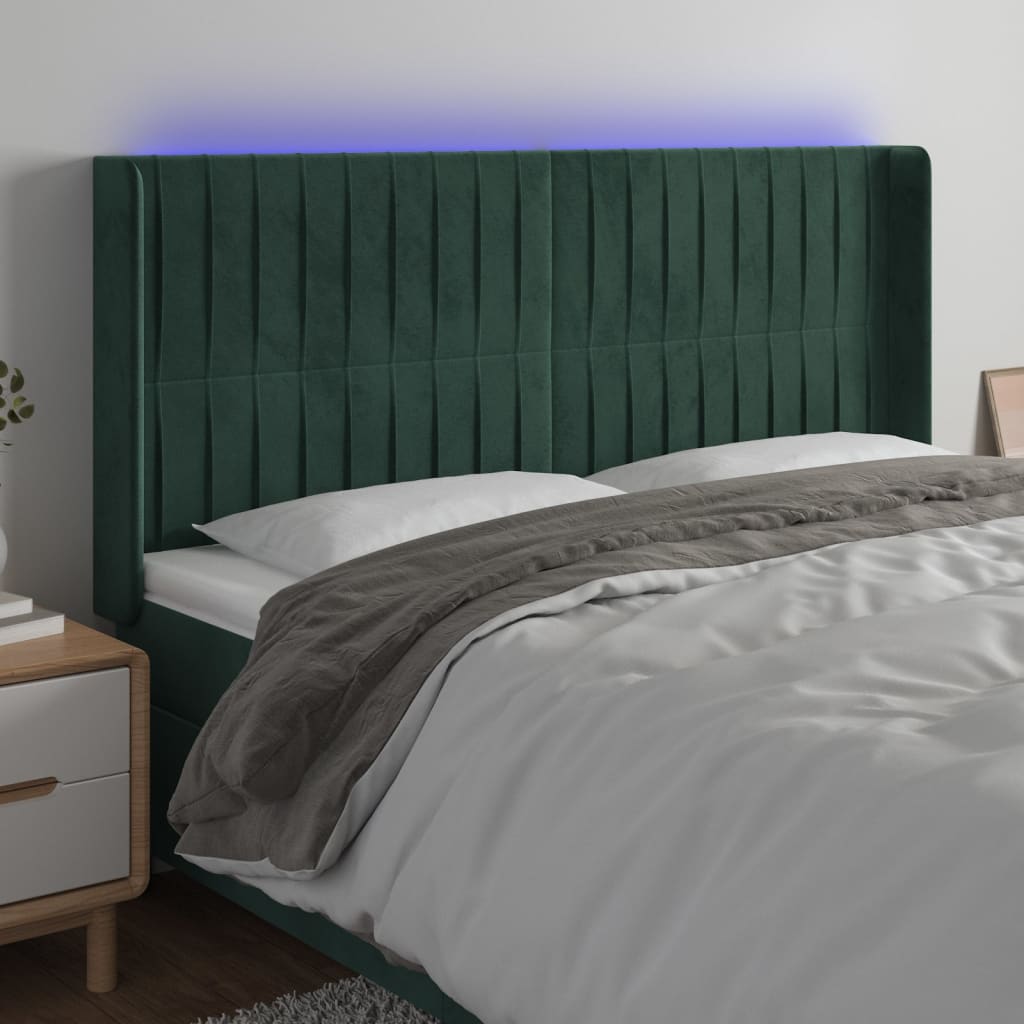 Cabeceira de cama c/ LED veludo 183x16x118/128 cm verde-escuro