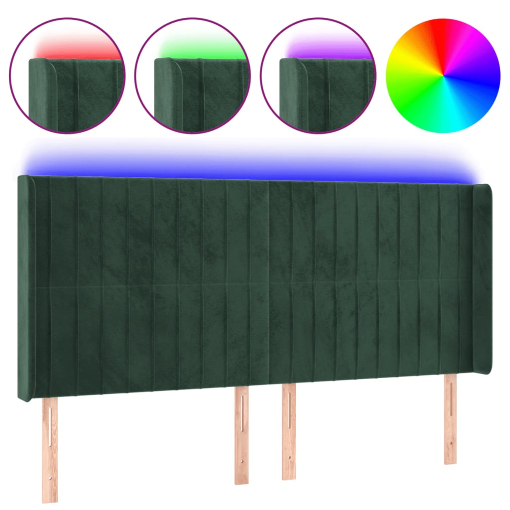 Cabeceira de cama c/ LED veludo 203x16x118/128 cm verde-escuro