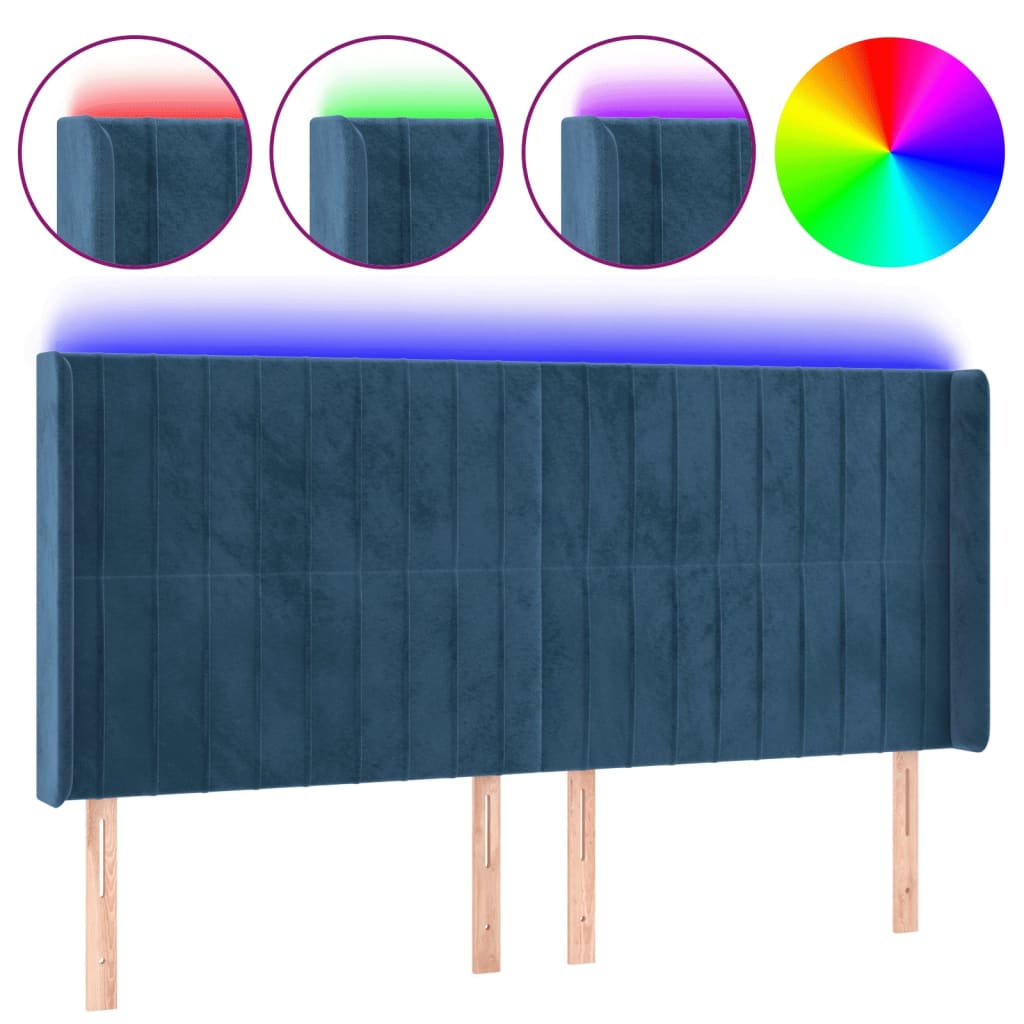 Cabeceira cama c/ luzes LED veludo 203x16x118/128cm azul-escuro