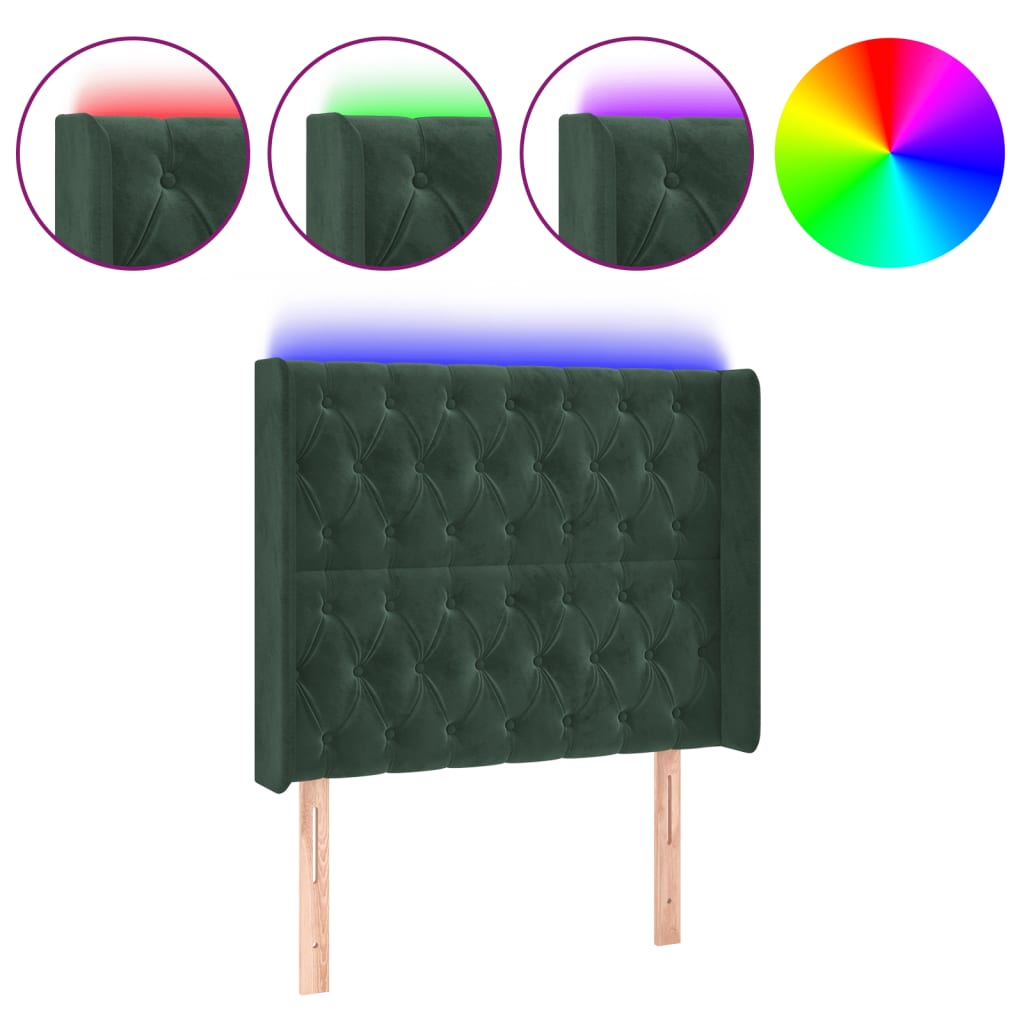 Cabeceira cama c/ luzes LED veludo 93x16x118/128cm verde-escuro