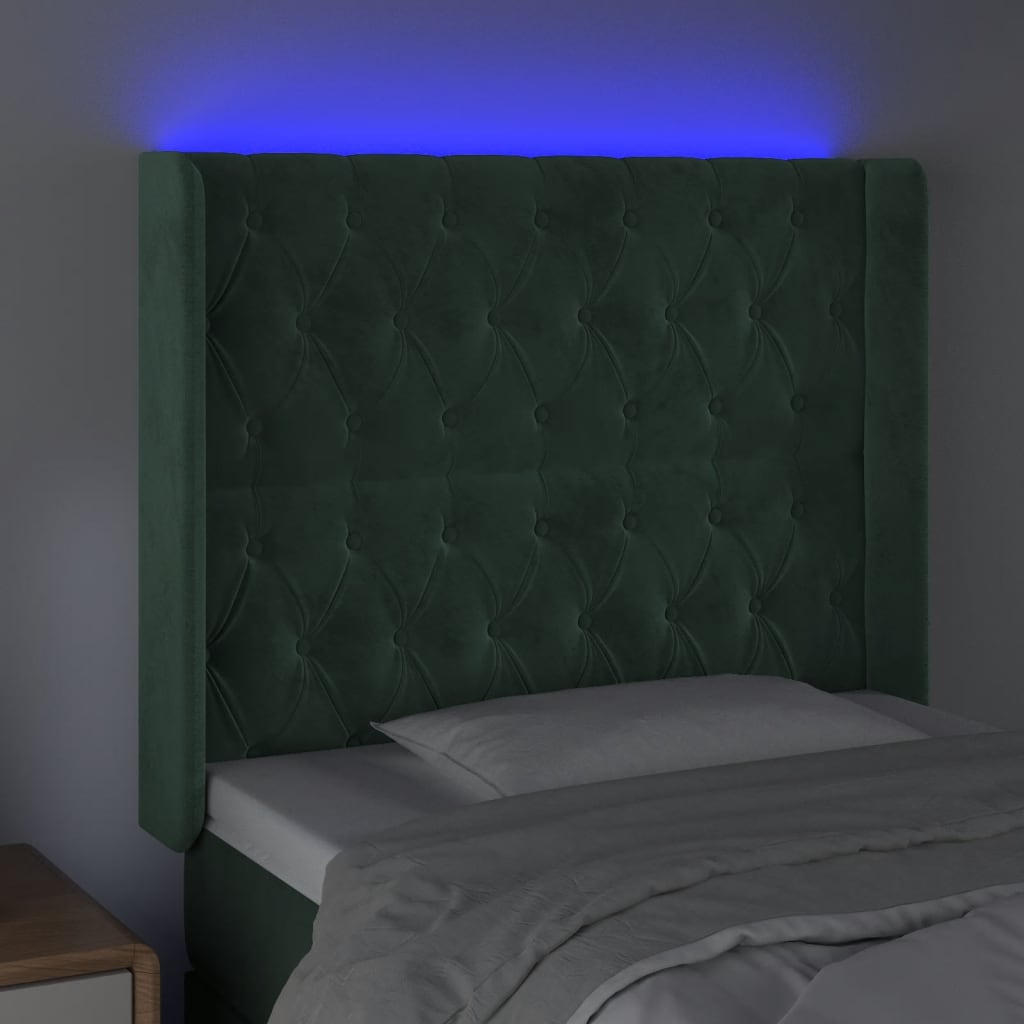 Cabeceira cama c/ luzes LED veludo 93x16x118/128cm verde-escuro