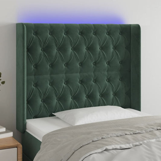 Cabeceira de cama c/ LED veludo 103x16x118/128 cm verde-escuro