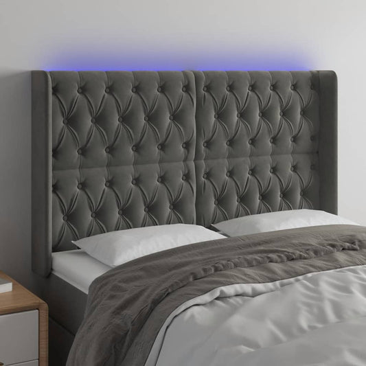 Cabeceira de cama c/ LED veludo 147x16x118/128 cm cinza-escuro