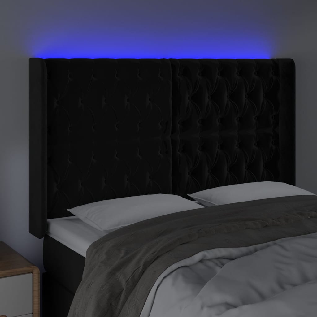 Cabeceira de cama c/ luzes LED veludo 147x16x118/128 cm preto