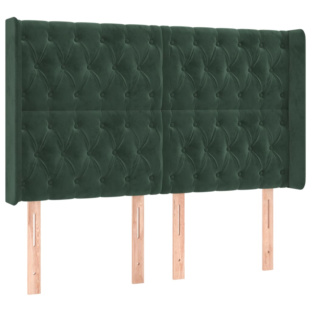 Cabeceira de cama c/ LED veludo 147x16x118/128 cm verde-escuro