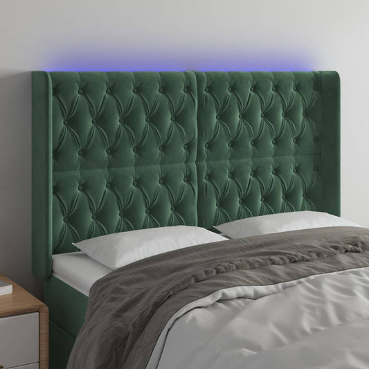 Cabeceira de cama c/ LED veludo 147x16x118/128 cm verde-escuro